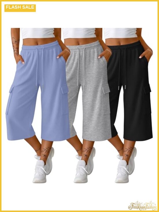 Pants - Womens Capri Pants 4 Pockets Cotton Polyester Lounge Athletic 3 Pack